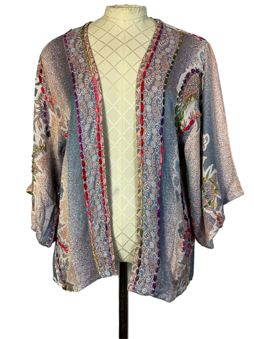 Raj Multicolor Embroidered Boho Open Front Pink Blue Jacket Fits Small/Medium